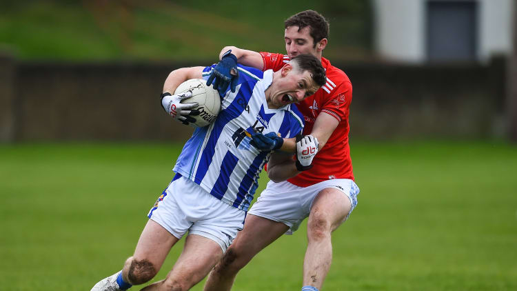 Ryan Basquel, Ballyboden St Enda's and Kevin Carr, Newtown Blues, in AIB Leinster Club SFC Quarter-Final action at the Gaelic Grounds.