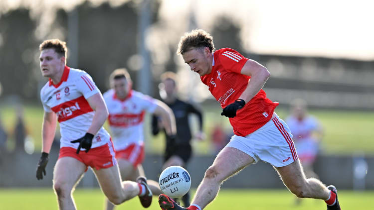 Leonard Grey, Louth, and Ethan Doherty, Derry, in Allianz Football League Division Two action. Photo by Stephen Marken/Sportsfile