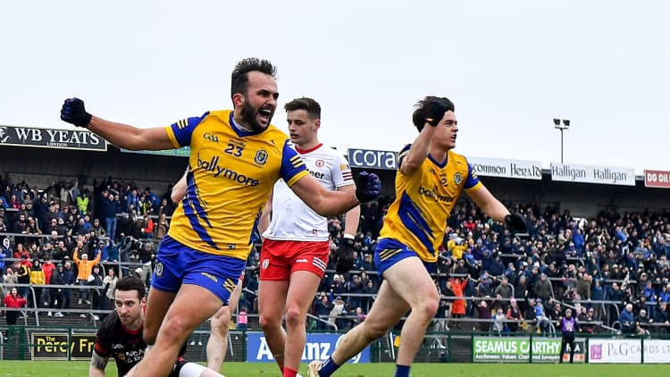 Donie Smith of Roscommon, left, celebrates his side's third goal, scored by teammate Ben O’Carroll, right, during the Allianz Football League Division 1 match between Roscommon and Tyrone at Dr Hyde Park in Roscommon.
