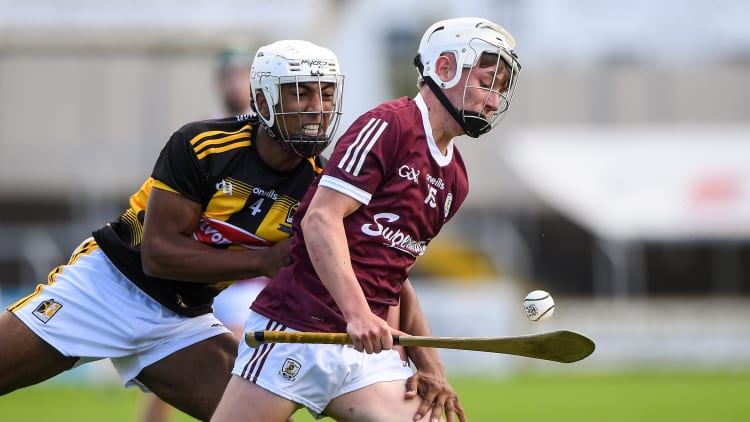 Colm Molloy, Galway, and Zach Bay Hammond, Kilkenny, during the All Ireland MHC Final.