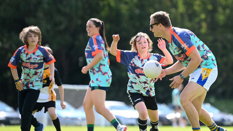 Dublin footballer Ciarán Kilkenny is tackled by Réalta Moran at the Kellogg’s GAA Cúl Camp in St Brendan’s GAA Club, Dublin. The camp was attended by Siún Brophy, the 1 millionth child to register for the the Kellogg's GAA Cúl Camps since the beginning of the Kellogg sponsorship in 2012. The stars of the future also celebrated the start of the 2020 GAA Cúl Camps which began today across the country.