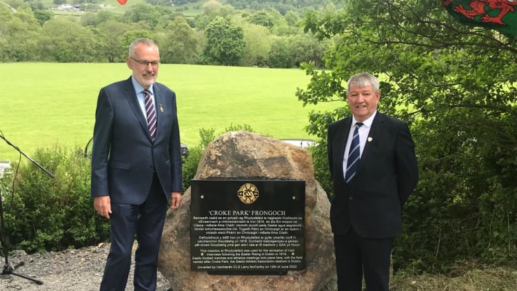 Uachtarán CLG Larry McCarthy and Noel O'Sullivan, Chairperson of the GAA Provincial Council of Britain, pictured at Croke Park, Frongoch.