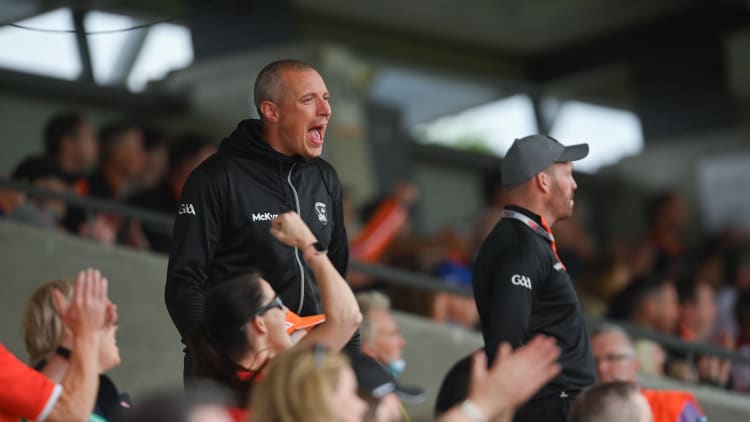 Armagh coach Kieran Donaghy celebrates a point during the Allianz Football League Division 1 Relegation play-off match between Armagh and Roscommon at Athletic Grounds in Armagh.