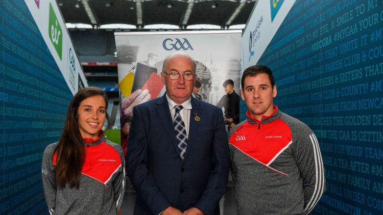 Cork Camogie player Julia White, Uachtarán Chumann Lúthchleas Gael John Horan, and former Clare hurler Colin Ryan pictured at the launch of the GAA/PDST Future Leaders TY Programme at Croke Park.