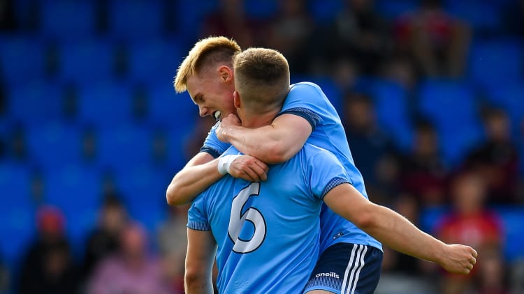 Kieran Kennedy, right, and Neil Matthews of Dublin celebrate following their side's victory during the EirGrid GAA Football All-Ireland U20 Championship Semi-Final match between Galway and Dublin at Glennon Brothers Pearse Park in Longford.