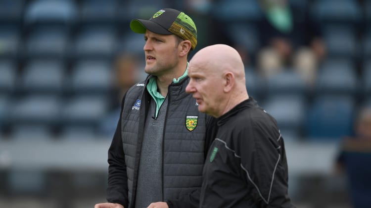 Michael Murphy, left, and Donegal manager Declan Bonner before the Allianz Football League Division 1 semi-final match between Donegal and Dublin at Kingspan Breffni Park in Cavan.