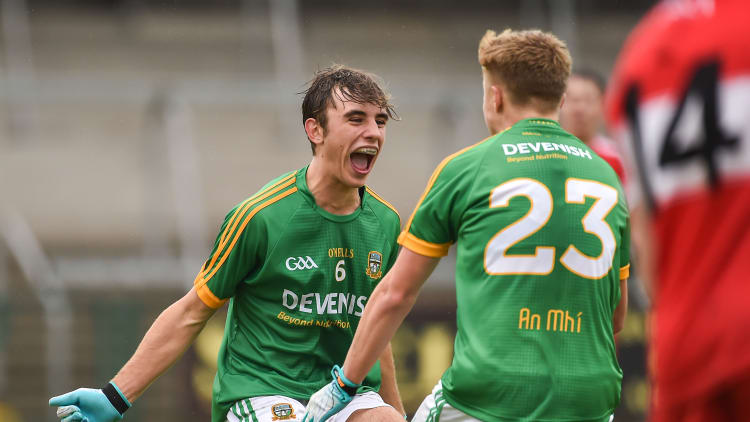 Sean Coffey and Luke Newe of Meath celebrate after victory over Derry in the Electric Ireland All-Ireland Minor Football Quarter-Final.