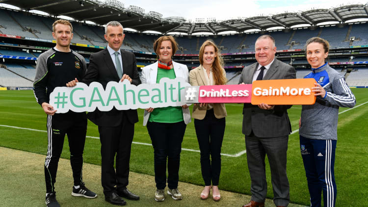In attendance at the launch of the Drink Less, Gain More campaign were, from left, Tipperary hurler Noel McGrath, HSE Clinical Lead for Obesity Professor Donal O’Shea, HSE Alcohol Programme Manager Marian Rackard, HSE National Director of Strategic Transofromation and Planning Stephenie O'Keefe, GAA Vice President Jim Bolger, and Monaghan footballer Sharon Courtney.