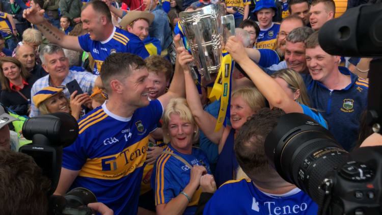 Tipperary captain, Seamus Callanan, celebrates with his family and the Liam MacCarthy Cup after victory over Kilkenny in the All-Ireland SHC Final.