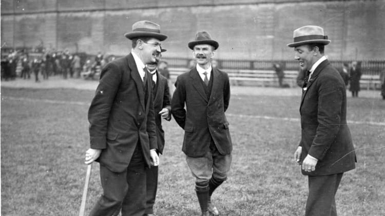 (l to r) Michael Collins, Luke O'Toole, and Harry Boland pictured at Croke Park. O'Toole was General Secretary of the GAA from 1901 to 1929 and central to the success of 'Gaelic Sunday'.