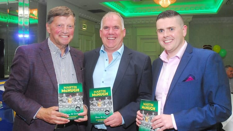 Martin McHugh, centre, pictured with John O'Mahony, left, and author Jason Byrne, at the launch of his autobiograhy.
