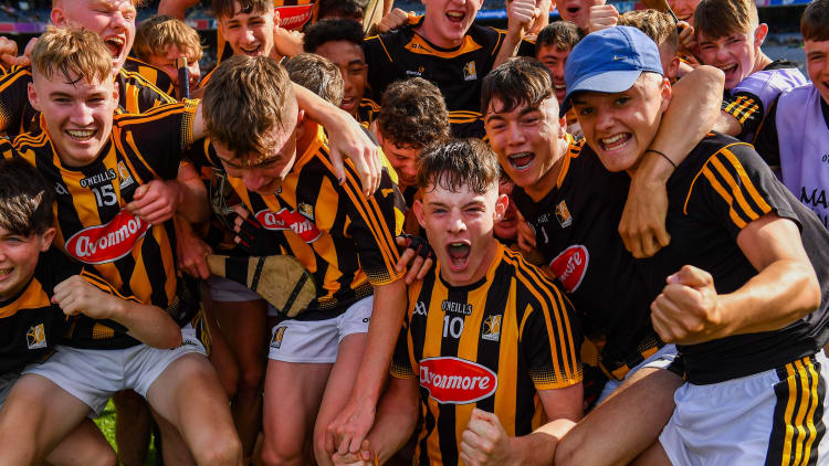 Pierce Blanchfield of Kilkenny, 10, and his team-mates celebrate after the Electric Ireland GAA Hurling All-Ireland Minor Championship Semi-Final match between Kilkenny and Limerick at Croke Park in Dublin.