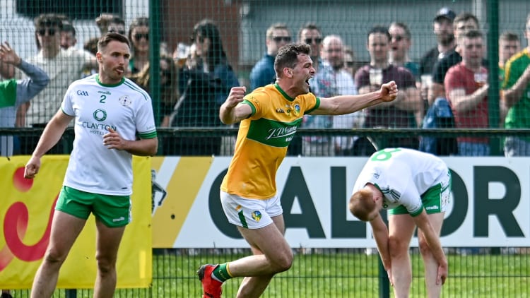Donal Wrynn of Leitrim celebrates after scoring his side's second goal during the Connacht GAA Football Senior Championship Quarter-Final match between London and Leitrim at McGovern Park in Ruislip, London, England.