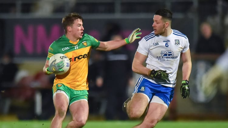 Peadar Mongan, Donegal, and Dessie Ward, Monaghan, in action at Healy Park.