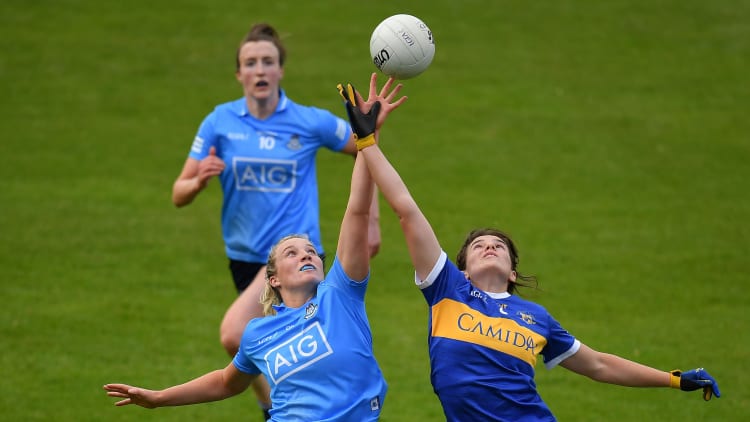 Jennifer Dunne of Dublin in action against Anna Rose Kennedy of Tipperary during the Lidl Ladies Football National League Division 1B Round 3 match between Tipperary and Dublin at Semple Stadium in Thurles, Tipperary.