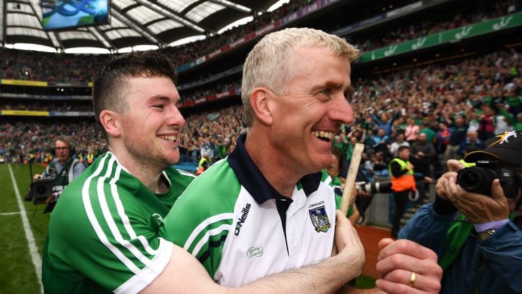Limerick captain Declan Hannon and manager John Kiely celebrate at Croke Park.