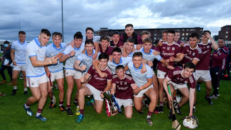 Galway players celebrate with the cup after the Leinster GAA U20 Hurling Championship Final match between Dublin and Galway at MW Hire O'Moore Park in Portlaoise, Laois.