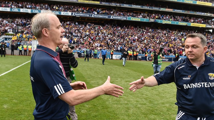 Micheal Donoghue and Davy Fitzgerald shake hands after the 2017 Leinster Senior Hurling Championship Final at Croke Park.