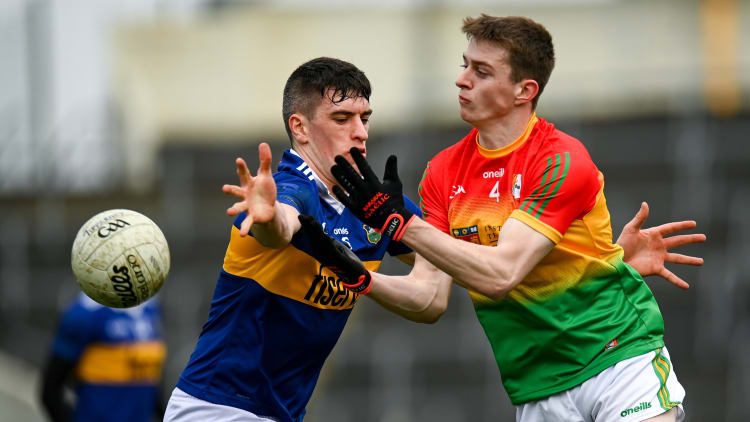 Dara Curran, Carlow, in Allianz Football League Division Four action against Tipperary's Mark Russell.
