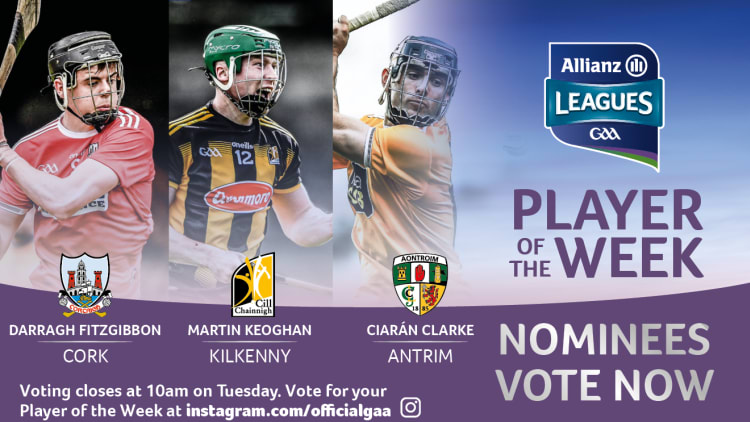 Cork's Darragh Fitzgibbon, Kilkenny's Martin Keoghan, and Antrim's Ciarán Clarke are the nominees for GAA.ie Hurler of the Week.