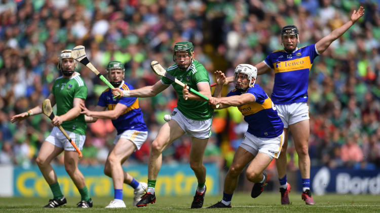William O’Donoghue of Limerick gets away Niall O'Meara of Tipperary during the 2019 Munster GAA Hurling Senior Championship Final match between Limerick and Tipperary at LIT Gaelic Grounds in Limerick.