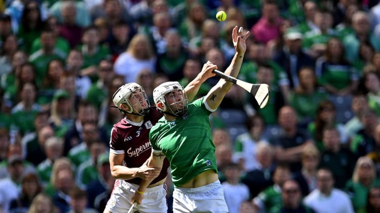 Aaron Gillane, Limerick, and Daithí Burke, Galway, in action at Croke Park.