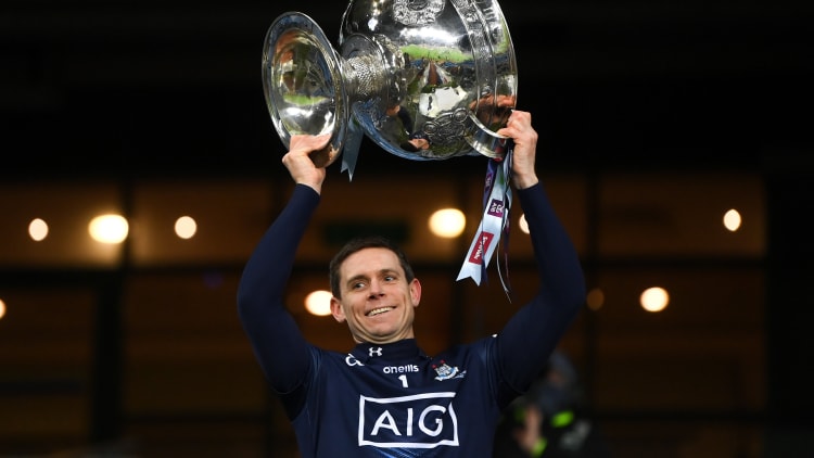 Dublin captain Stephen Cluxton lifts the Sam Maguire Cup after victory over Mayo in the 2020 All-Ireland SFC Final.
