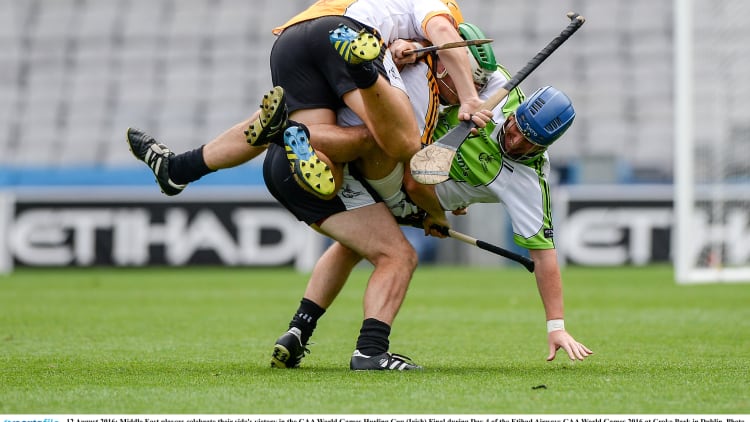 Middle East players celebrate their side's victory in the GAA World Games Hurling Cup (Irish) Final during Day 4 of the GAA World Games 2016 at Croke Park in Dublin.
