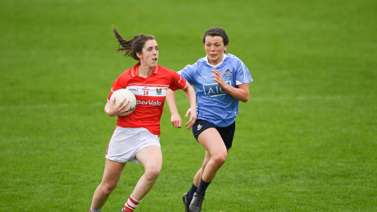 Ciara O'Sullivan, Cork, and Leah Caffrey, Dublin, during a Ladies Football National League Semi-Final clash at Nowlan Park in April.