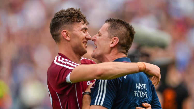 Jason Flynn and selector Noel Larkin celebrate following Galway's All Ireland SHC Semi-Final replay triumph against Clare.
