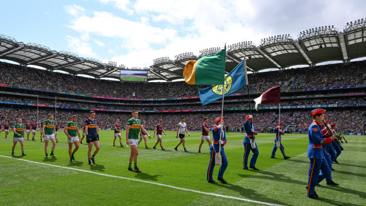Members of the Artane Band lead the Kerry and Galway teams during the pre match parade before the GAA Football All-Ireland Senior Championship Final match between Kerry and Galway at Croke Park in Dublin.