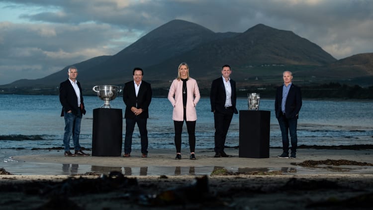 Feel the Spark this winter as RTÉ Sport brings you more live GAA championship action than ever before. RTÉ Sport will bring you GAA Championship coverage from the four provinces of Ireland. Yesterday RTÉ launched over 50 live games on television and online, exclusive live radio coverage of all games and The Sunday Game returns for a 41st year. Pictured at Croagh Patrick, Kevin McStay, Marty Morrissey, Cora Staunton, Micheál Donghue and Darren Frehill with the Sam Maguire and Liam MacCarthy cups.