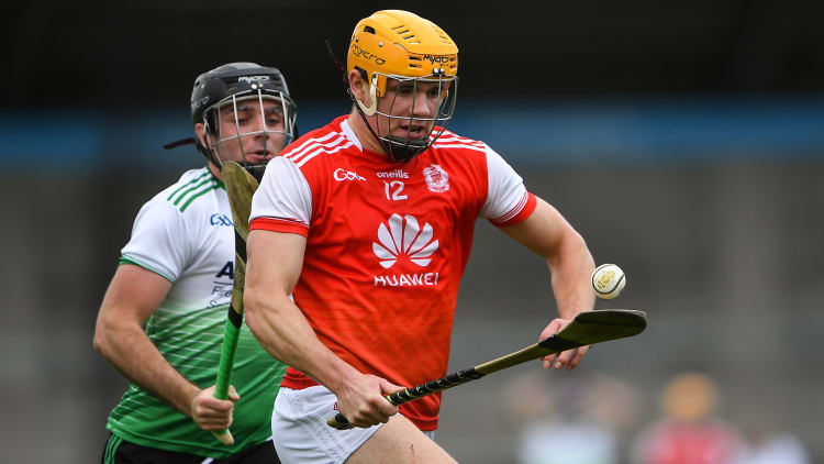 Diarmuid O'Floinn of Cuala in action against Ronan Smith of Lucan Sarsfields during the Dublin County Senior Hurling Championship Semi-Final match between Lucan Sarsfields and Cuala at Parnell Park in Dublin.