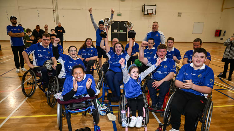 Munster players and supporters celebrate with the cup after the M.Donnelly GAA Wheelchair Hurling / Camogie All-Ireland Finals 2022 at Ashbourne Community School in Ashbourne, Meath.