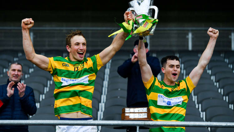 Michael O'Halloran, left, and Cathal McCormack of Blackrock lift the Sean Óg Murphy Cup following the Cork County Premier Senior Club Hurling Championship Final match between Glen Rovers and Blackrock at Páirc Ui Chaoimh in Cork.