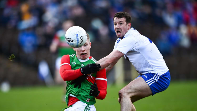 Ryan O'Donoghue of Mayo in action against Ryan Wylie of Monaghan during the Allianz Football League Division 1 match between Monaghan and Mayo at St Tiernach's Park in Clones, Monaghan.