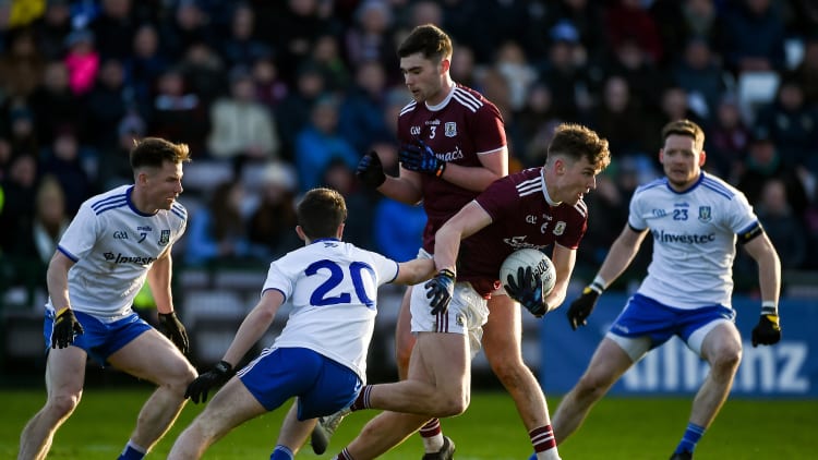 John Daly of Galway in action against Aaron Mulligan of Monaghan during the 2020 Allianz Football League Division 1 Round 1 match between Galway and Monaghan at Pearse Stadium in Galway.