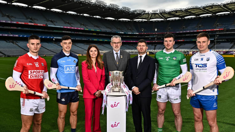 In attendance at the unveiling of eir as a new official sponsor of the GAA Hurling All-Ireland Senior Championship are from left, Shane Kingston of Cork,Dublin hurling captain Eoghan O’Donnell, Managing Director Consumer and Small Business at eir, Susan Brady, Uachtarán Chumann Lúthchleas Gael, Larry McCarthy, Chief Executive Officer at eir Oliver Loomes, All-Ireland winning captain, Declan Hannon of Limerick, and Waterford’s Austin Gleeson.