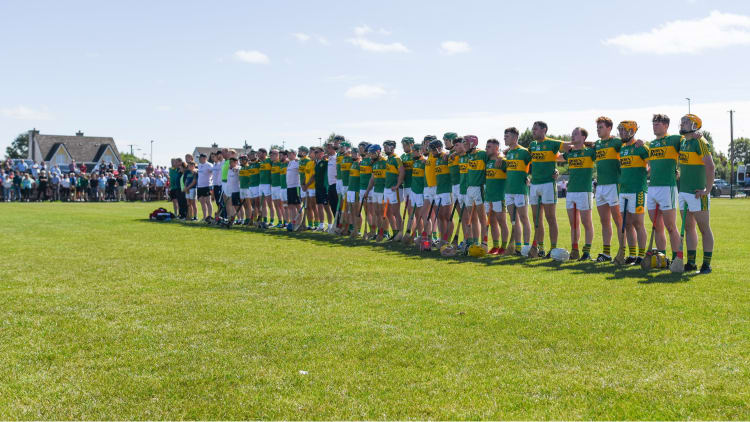 Clonoulty Rossmore players stand in memory of the late Dillon Quirke prior to the Tipperary County Senior Hurling Championship against Moycarkey at Boherlahan.