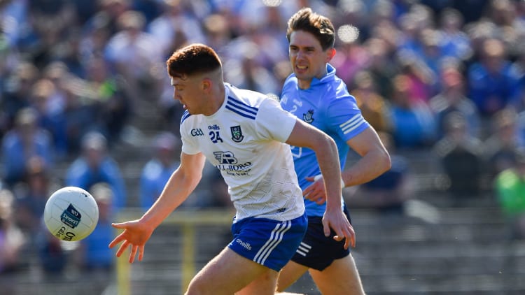 Seán Jones, Monaghan, and Michael Fitzsimons, Dublin, in Allianz Football League action.