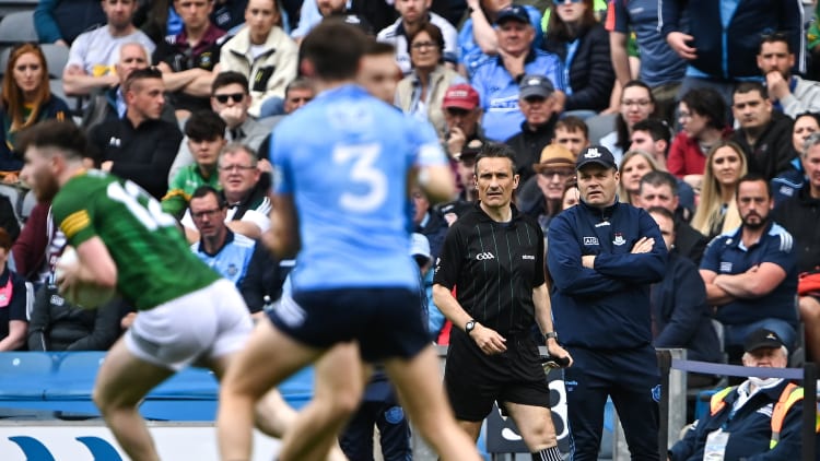 Dublin manager Dessie Farrell and linesman Maurice Deegan during the Leinster GAA Football Senior Championship Semi-Final match between Dublin and Meath at Croke Park in Dublin.